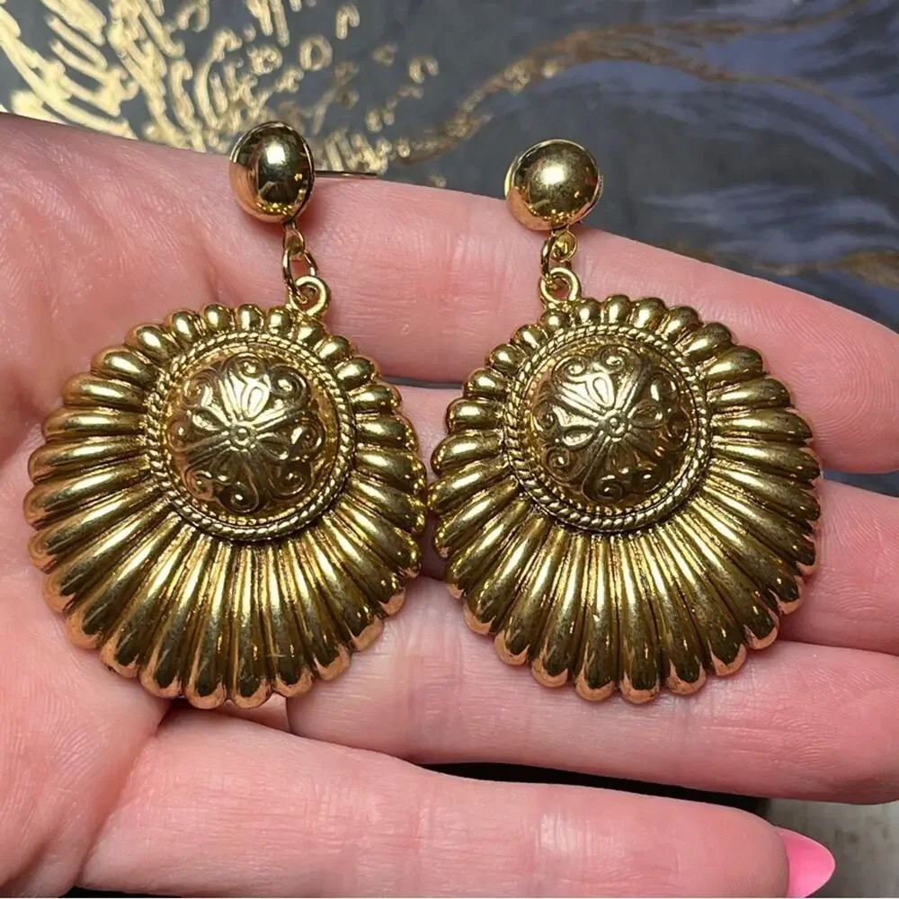 Vintage 1980s Oversized Large Regal Gold Statement Earrings D2